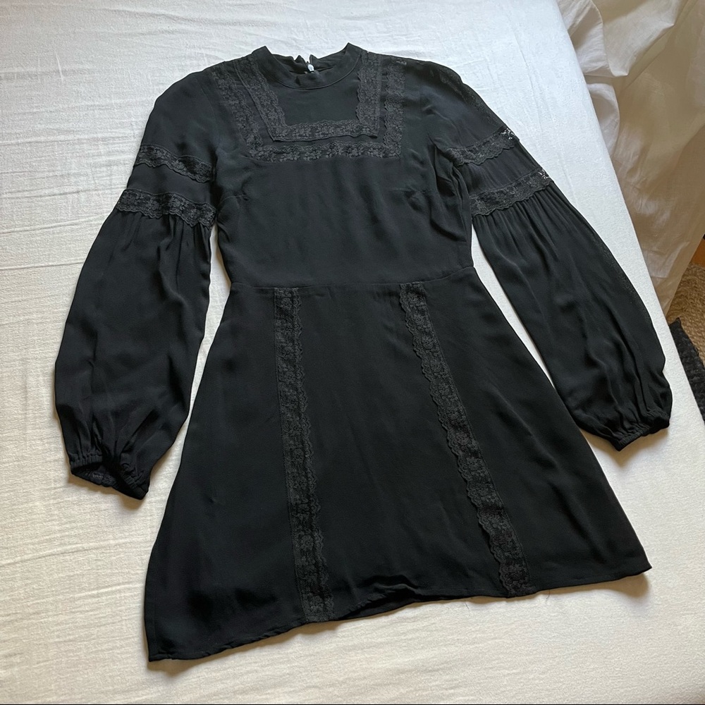 Reformation black puff long sleeve lace trim mini dress